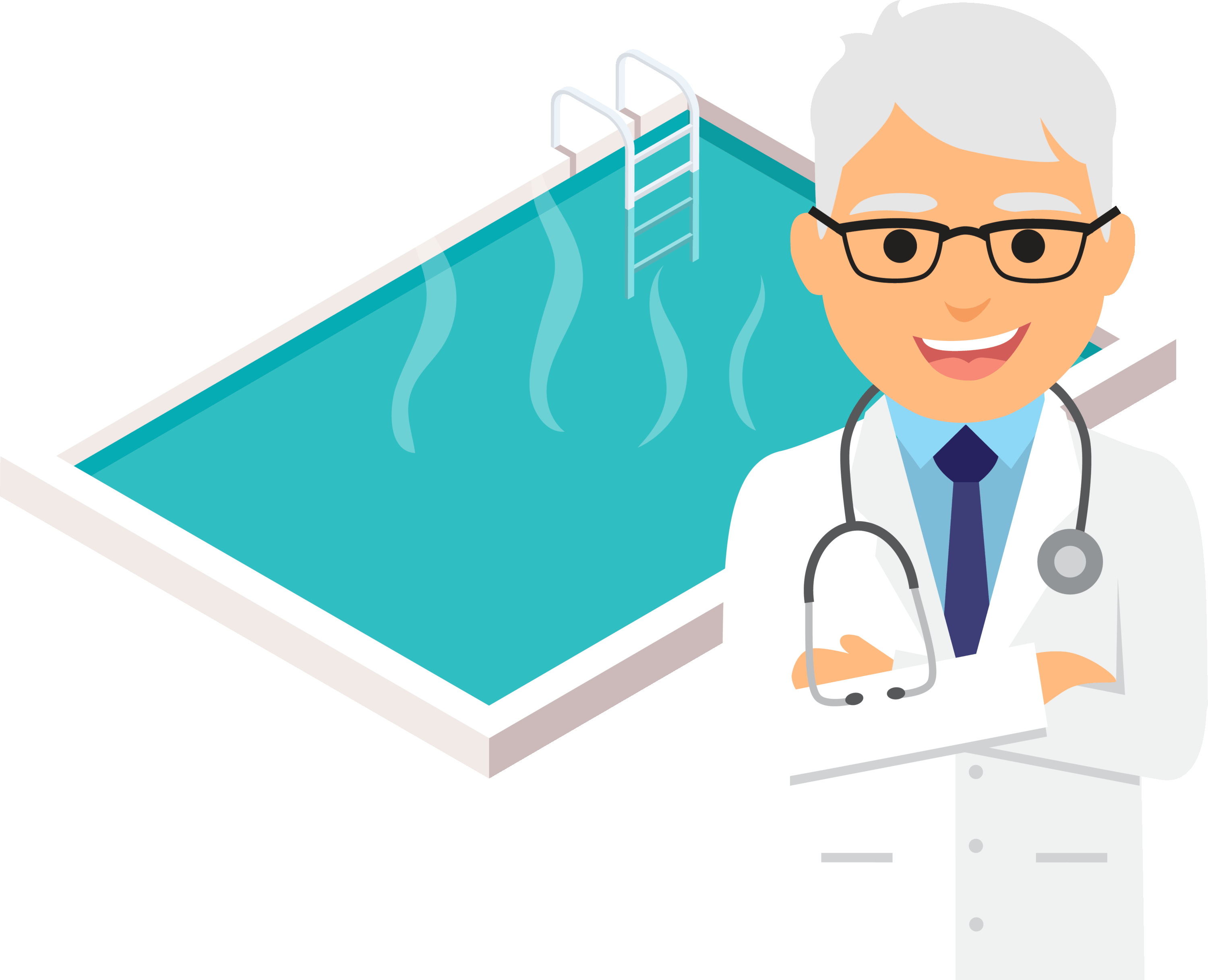 Solar Pool Doctor illustration- doctor in front of pool